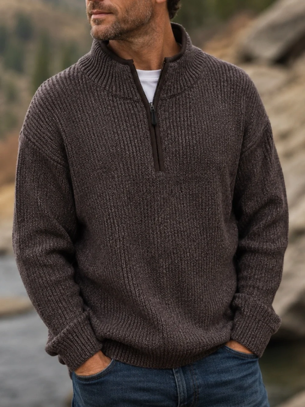 L.L. Bean Men's 100% Merino Lambs Wool Quarter-Zip Knit Sweater in Dark Brown